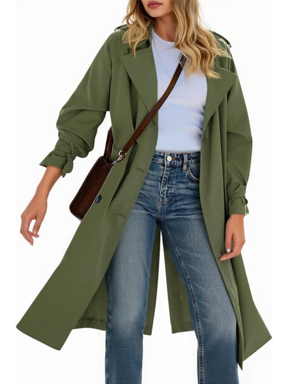 Chic Women's Long Double Breasted Trench Coat with Notch Lapel Overcoat